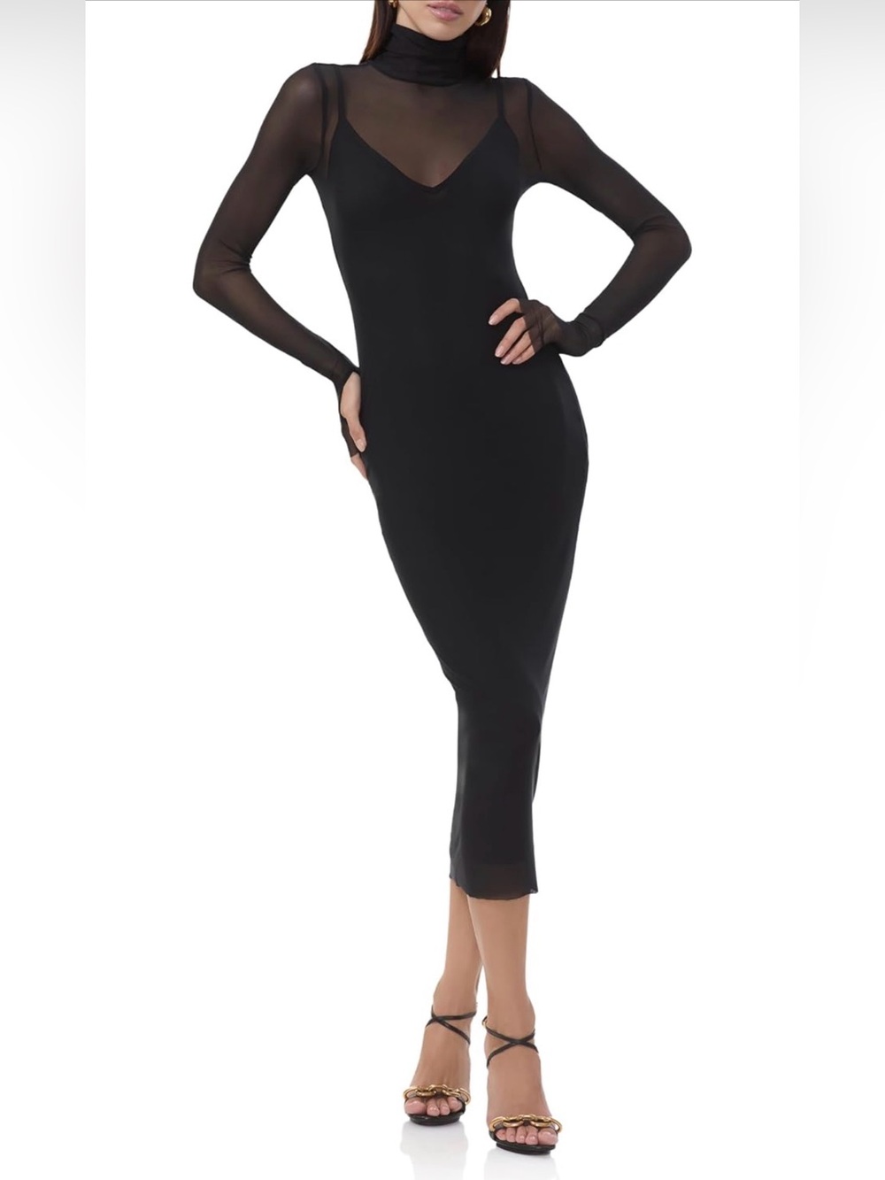 AFRM Black Sheer-Sleeve Midi Dress